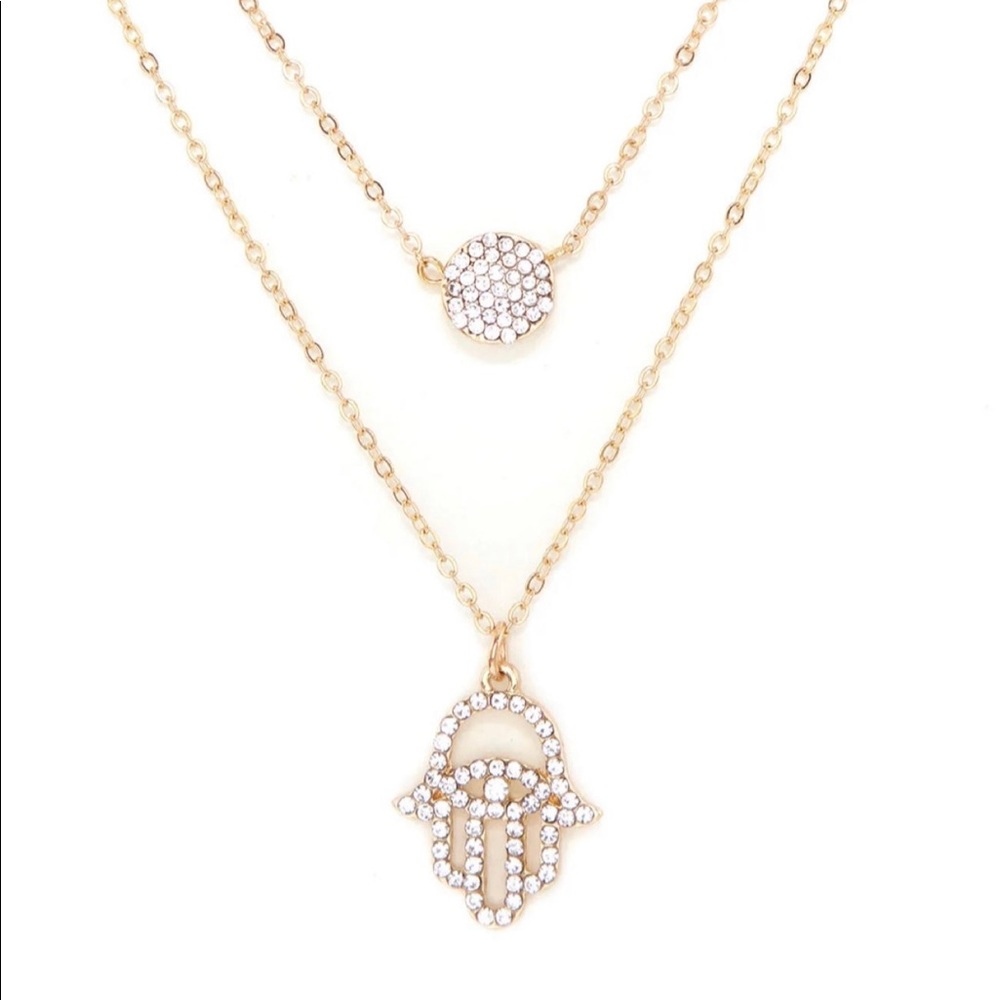 Gold Rhinestone Hand Of Fatima Necklace